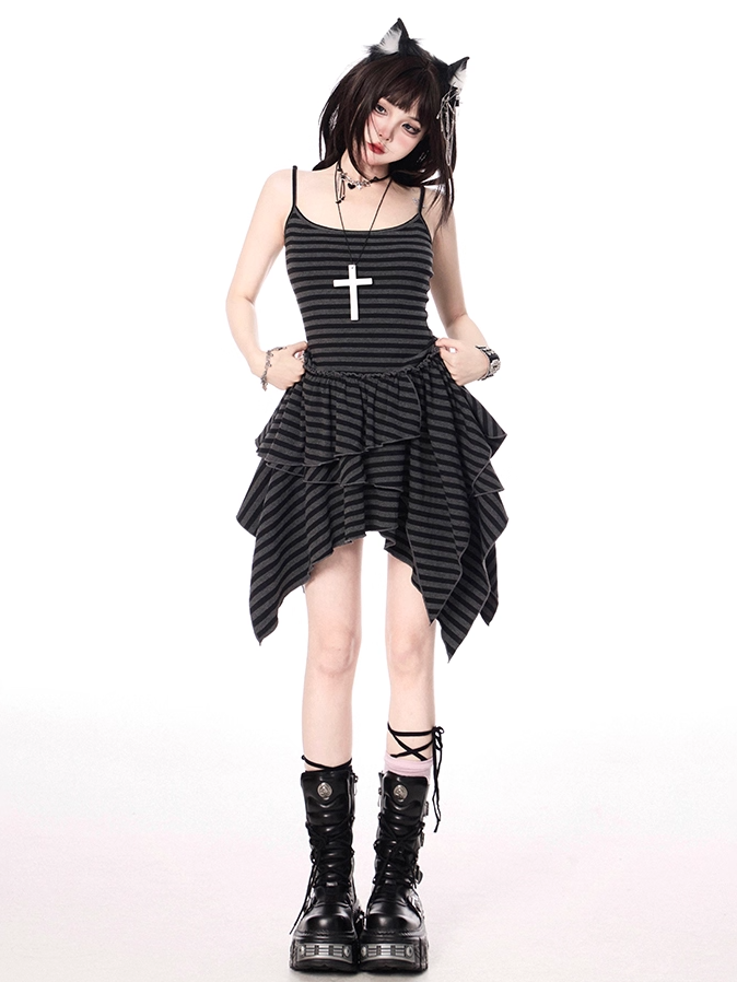 Dress Skirt Cami Black and Gray Stripes Handkerchief Hem Tiered