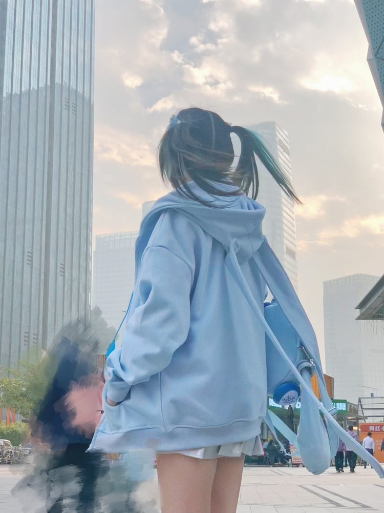 Full Set: Ears Snow + Tie Oversized Blue Hoodie + Socks + Skirt + Bunny Shirt