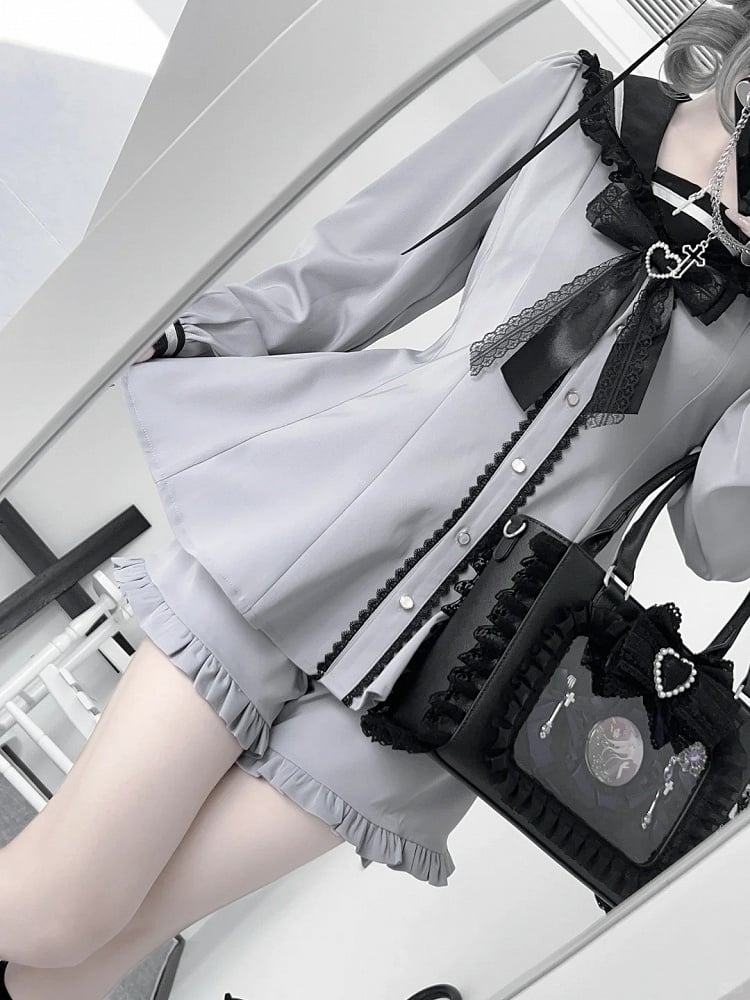 Back Purple Design Ears Tie Jirai Mini Dress + Ruffle Hem Shorts Set- + Bow Dusty Kei Sailor Collar Bunny