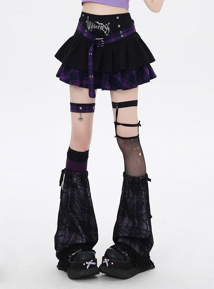 Garter Purple Plaid Buckle Y2K Lined Tiered Skirt with Cross and Design Black Belt