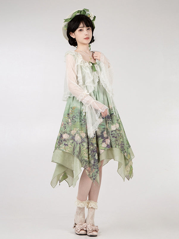 Sheer Dotted Cascading Trim Top White Ruffle Tulle Sleeves Long