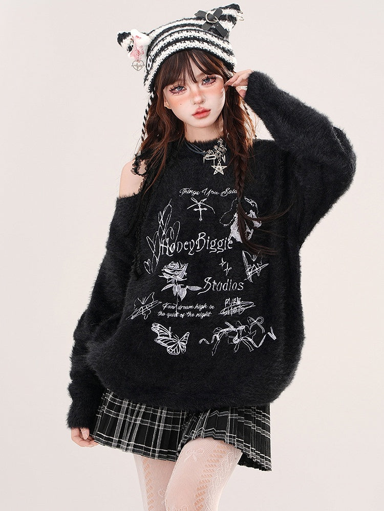 Apricot/Schwarzer weicher Mohair-Pullover mit Schmetterlingen und Schleifen an der Schulter