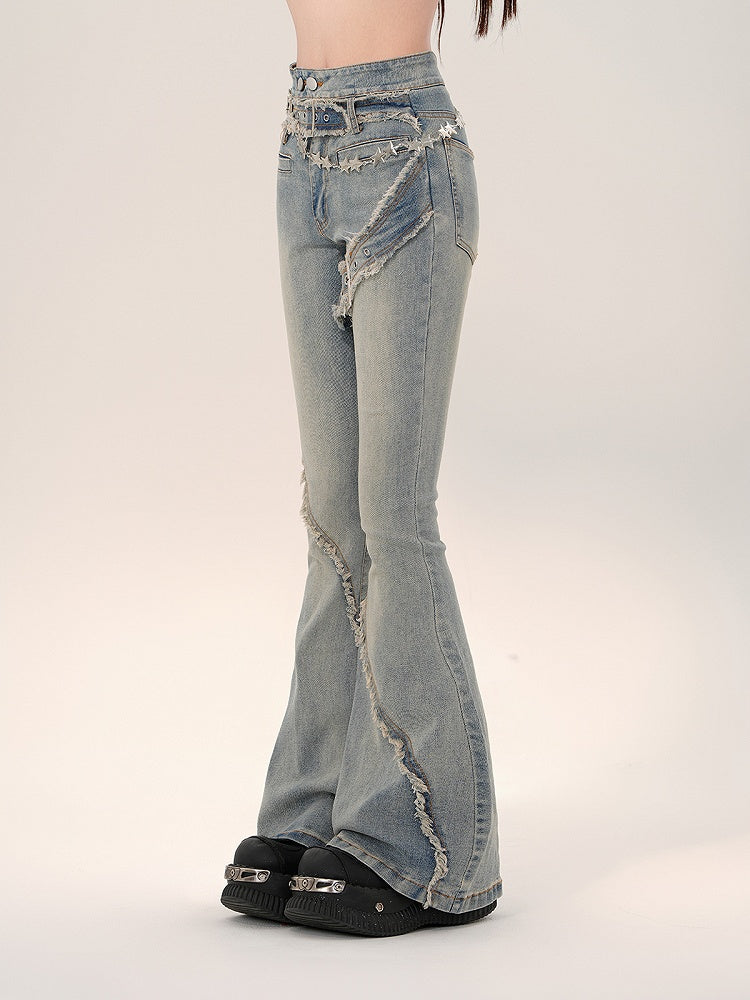 Blue Flare Jeans with Frayed Hem and Built-in Belt