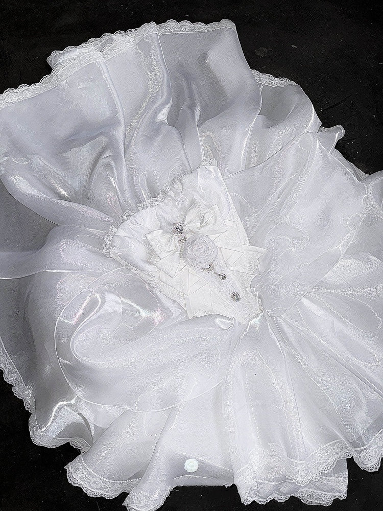 Rhinestones Balletcore Puffy Skirt White with Decorated Set Boned Corset Waist Strapless Top