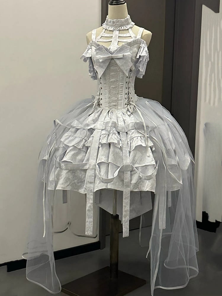 with Lace-ups Ovarlay Gothic Corset Dress Design Detachable and Skirt Silver Bow Lolita Big Birdcage Waist