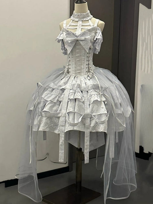 mit Schnürung, Ovarlay, Gothic-Korsettkleid, abnehmbares Design und Rock, silberne Schleife, Lolita, große Vogelkäfig-Taille