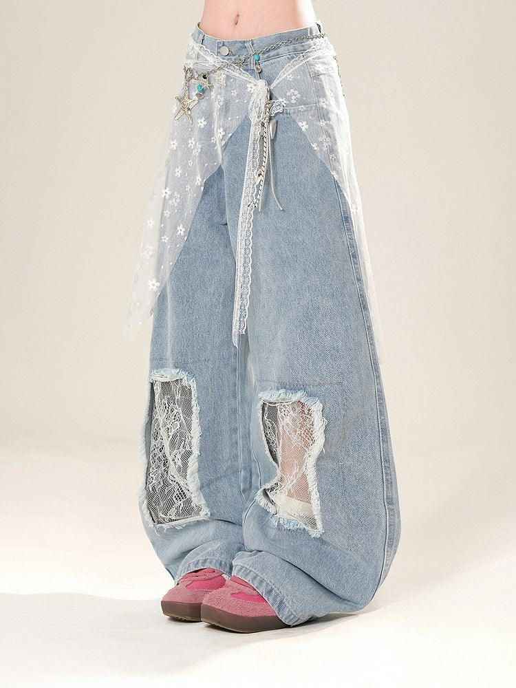 Lace Waist Accessory Patches Blue Low Wide-Leg Jeans with Waist Distressed Holes