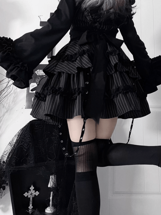 Pattern Off-the-shoulder Letter Neckline Print Bell Black Sleeves Striped Gothic Dress