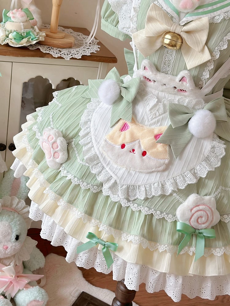 Heart Lolita Green Apron with Maid Matcha Collar Sweet Sailor Kitty-themed Dress