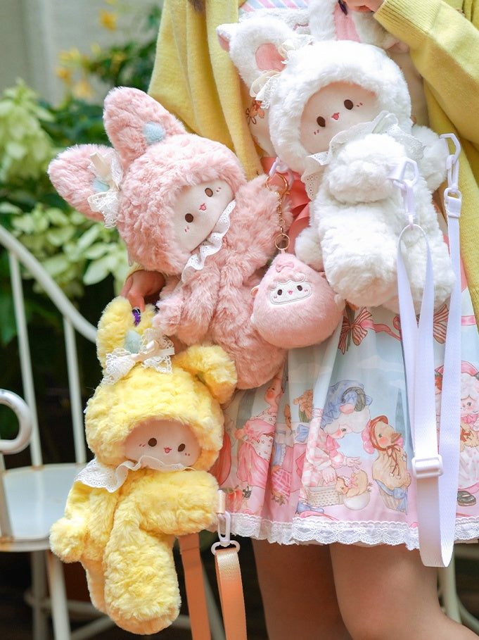 ピンクラビットの蝶結びレースディテールのぬいぐるみバックパック ミドル/ラージサイズ