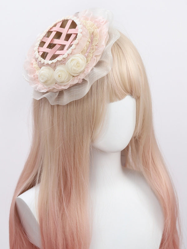 Design with Hat Flower Mini Pink Lolita Sweet White Woven