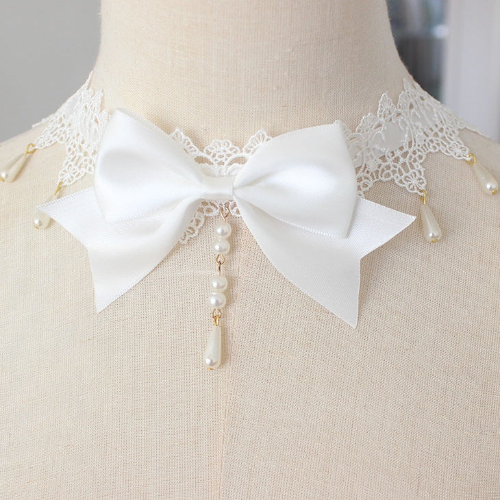 Beaded Pendant Bowknot Details Lace Choker