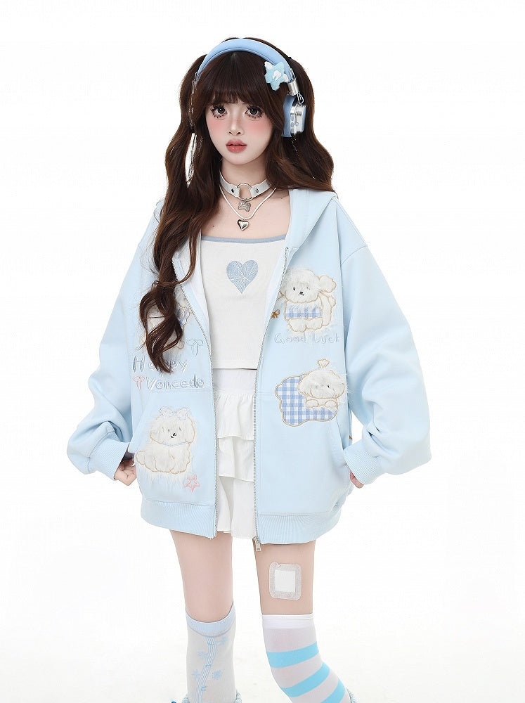 Puppy Embroidery Applique Black/Light Blue Plush Zip Closure Hoodie