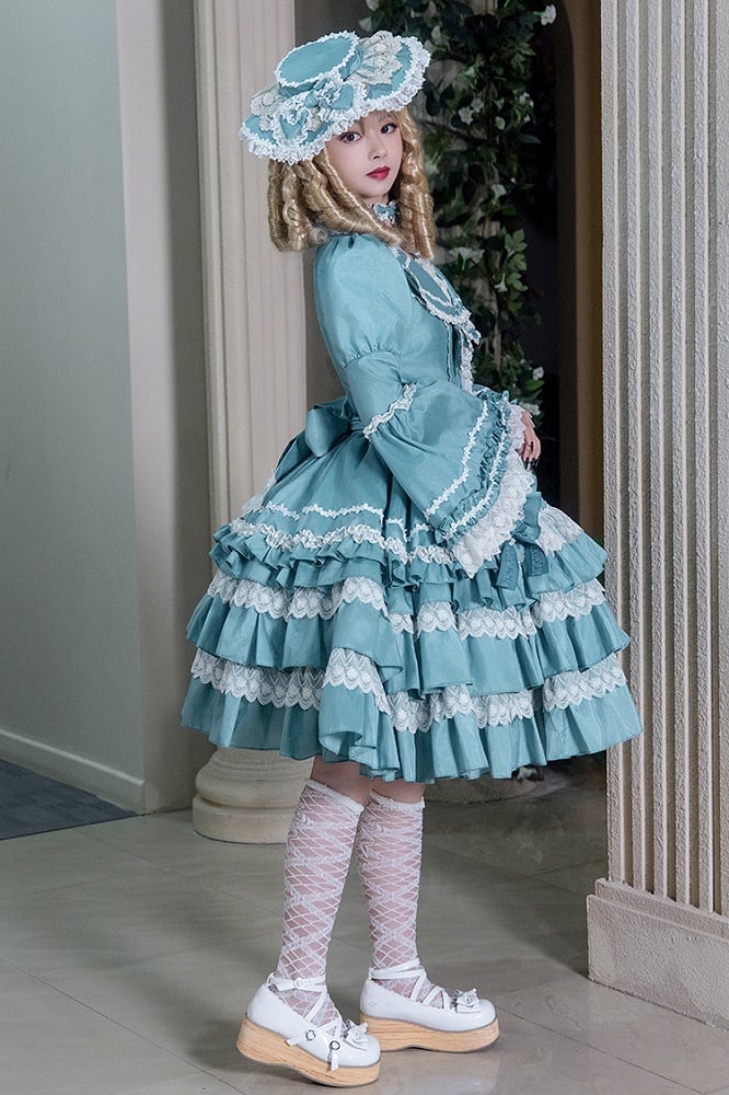 Türkisgrünes Lolita-Kleid mit Stufenrock und langen Ärmeln