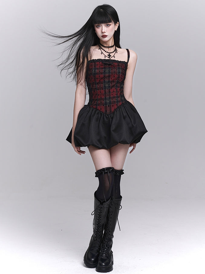 Red Plaid Basque Waist Mini Cami Dress Bubble Skirt