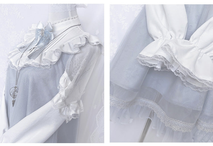 Robe Jirai Kei bleu clair à manches longues et bordures en dentelle style mines terrestres