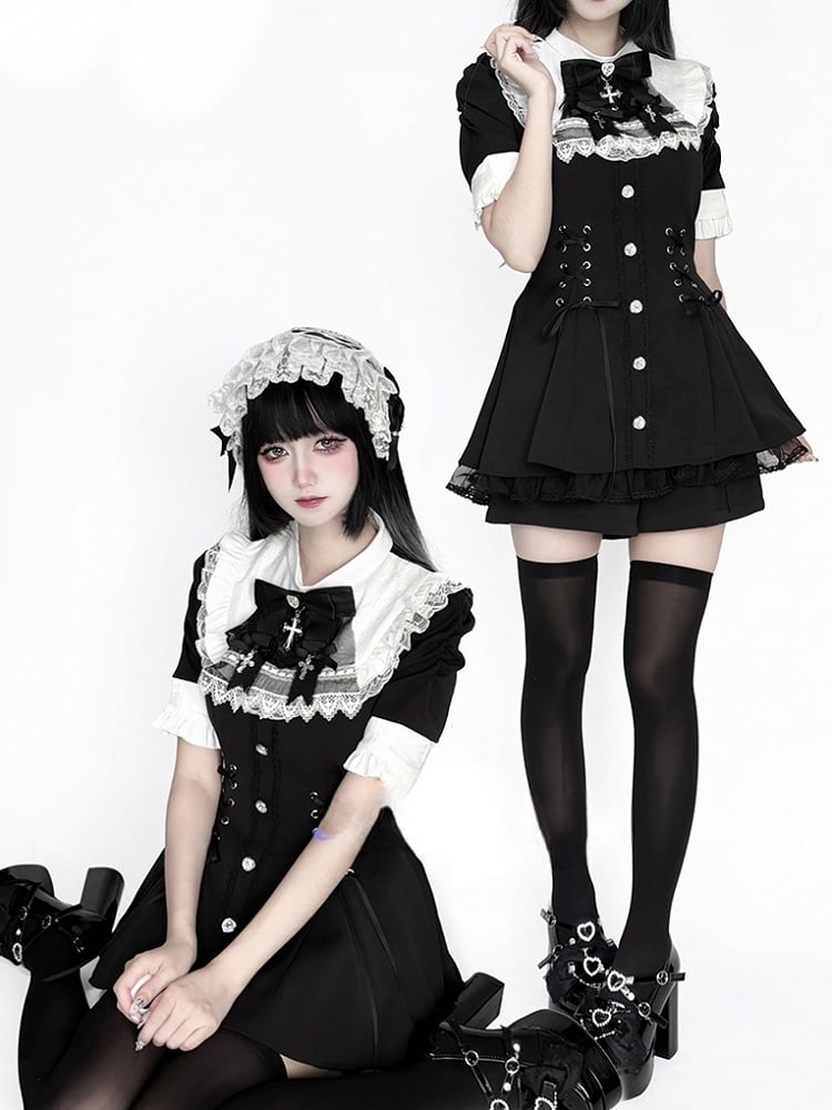 with Style Short Jirai - Sleeve and Bib Kei White Dress Tie Set Black Nun Bow