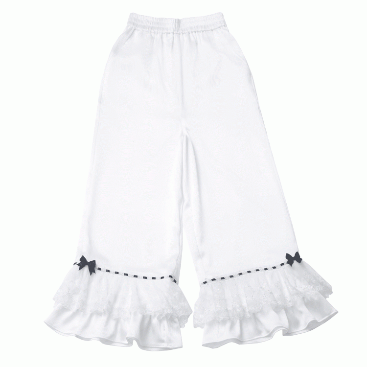 White Elastic Waist Bowknot Tiered Ruffled Cuffs Casual Pants Details