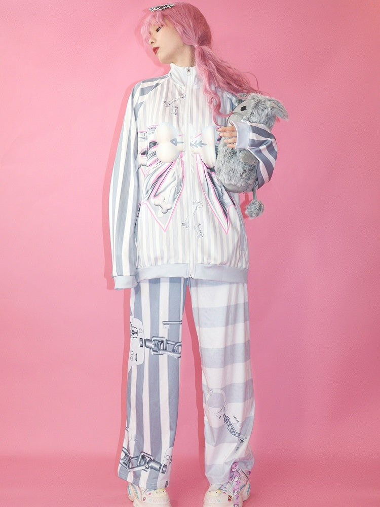 Muster Gestreift Mode Gyaru Grau Jacke Bogen Knochen Big Print