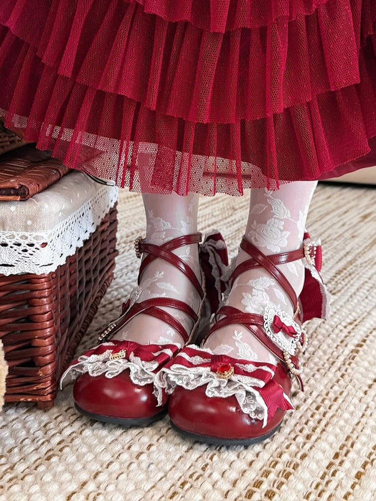 Süße Riemen Kreuzschnalle Rot 2CM/5CM Block Lolita Details Design Schuhe Herz Heels Bowknot