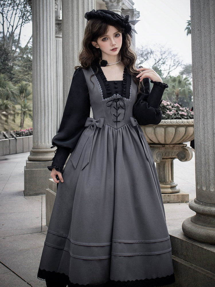 Black and Gray Elegant Square Neckline Spring Long Bishop Sleeves Lolita Dress