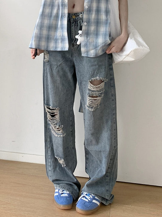 Straight-leg Jeans Blue Low Charm Free Rise Distressed Holes with