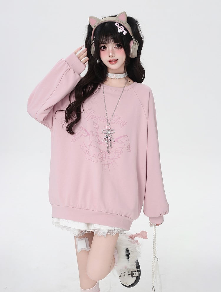 Rundhals-Sweatshirt mit Grafik und Schleife zum Selbstbinden auf der Rückseite, Rosa/Schwarz
