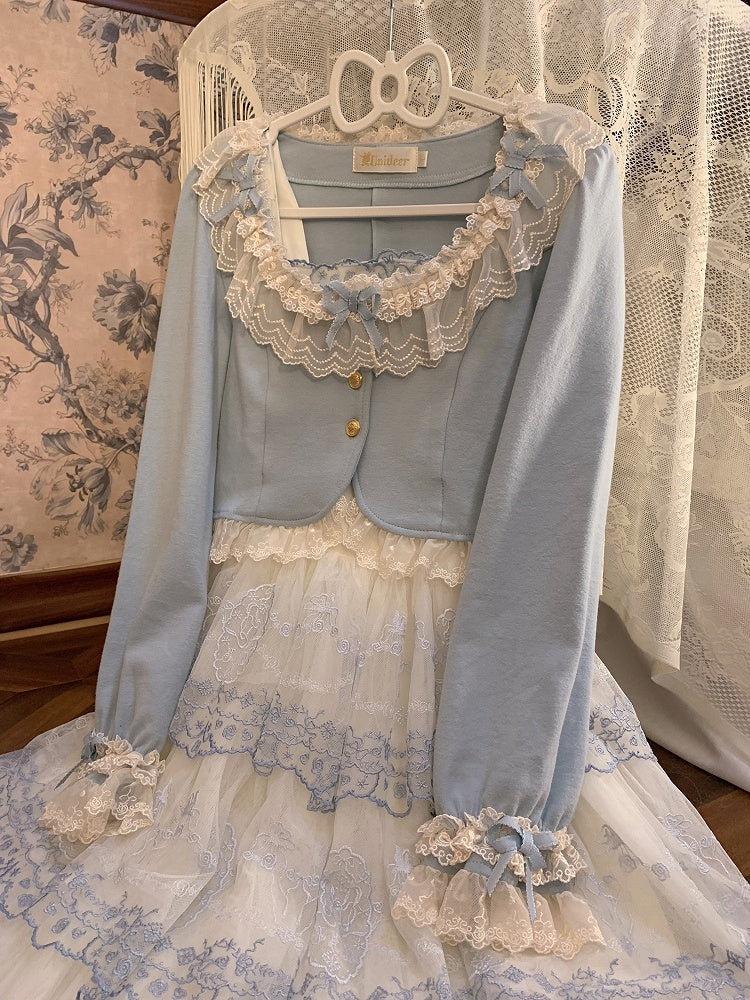 Autumn Trim Fashion Blue Accents Dusty Cropped Lolita Cardigan with Lace Bow and