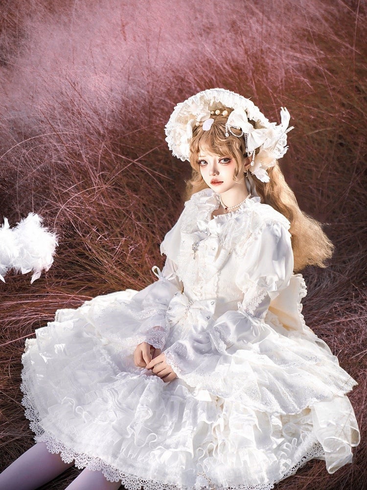 Weißer Shiro Hanayome Bowknots verzierter Lagenrock Sweet Hime Lolita Pulloverrock-Set