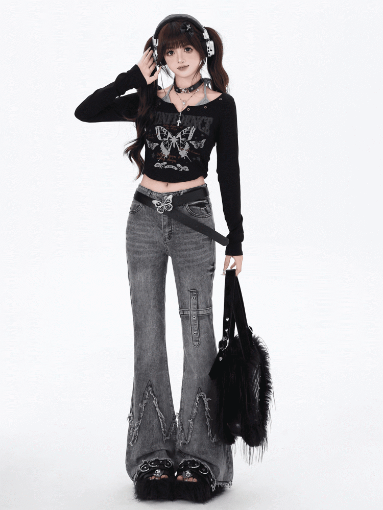 Flared Jeans Gray Edge Fit Raw Slim