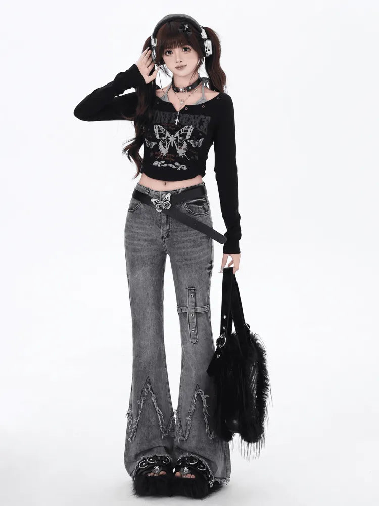 Graue Slim-Fit-Jeans mit Schlag und Raw Edge