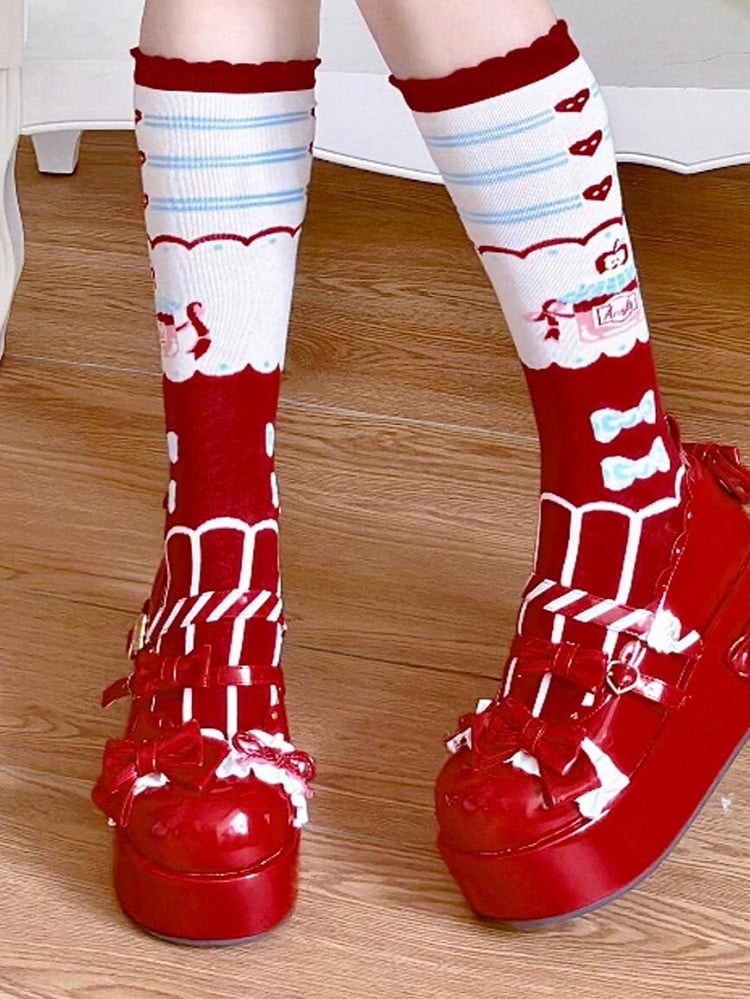 Lolita Bowknot Calf Print Jar Apple Red Striped Heart Honey Pattern Socks