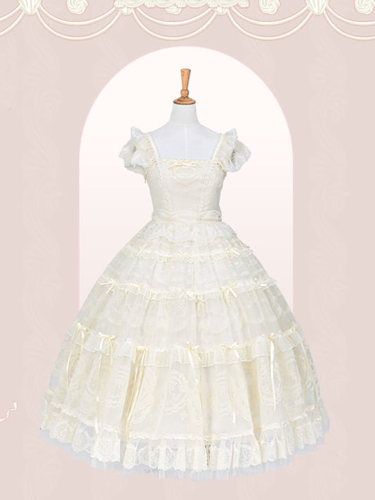 Beads Bow Creamy Princess Accents White Neckline Ribbon Dress Lolita