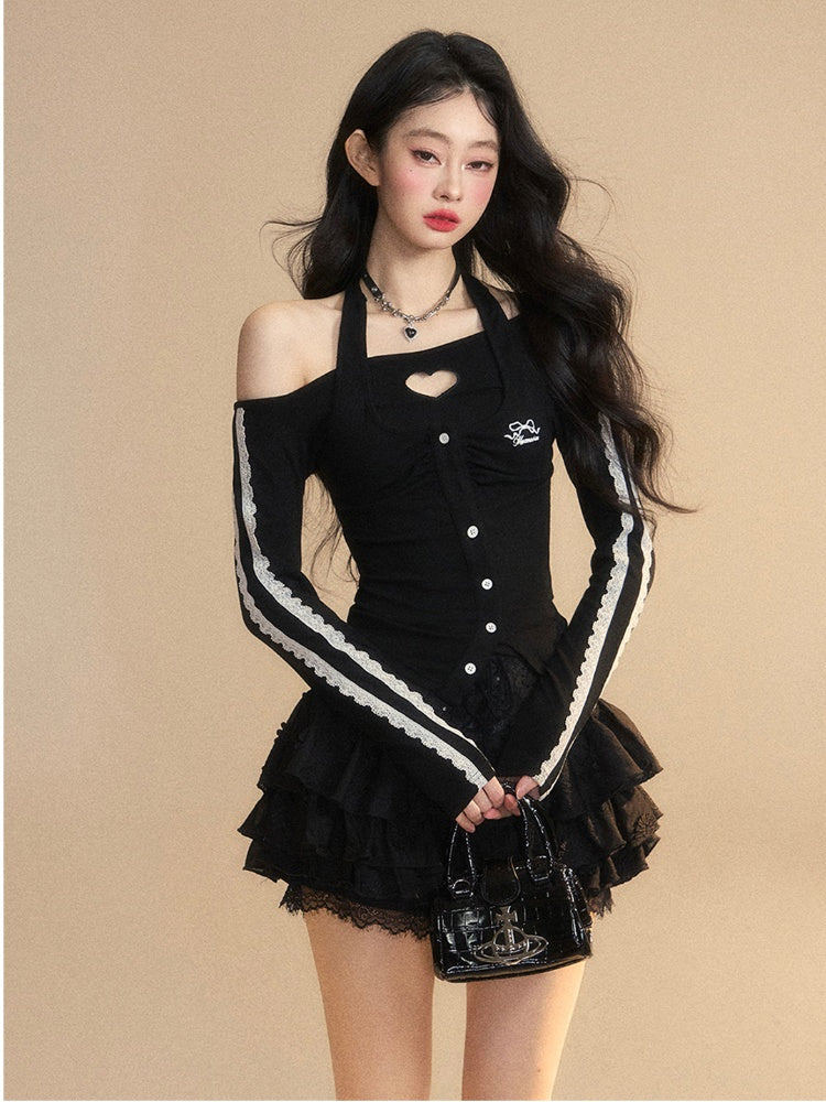 Trim Glamorous Lace Cutout Black Halter Neck Heart-shaped Top Slim-fitting