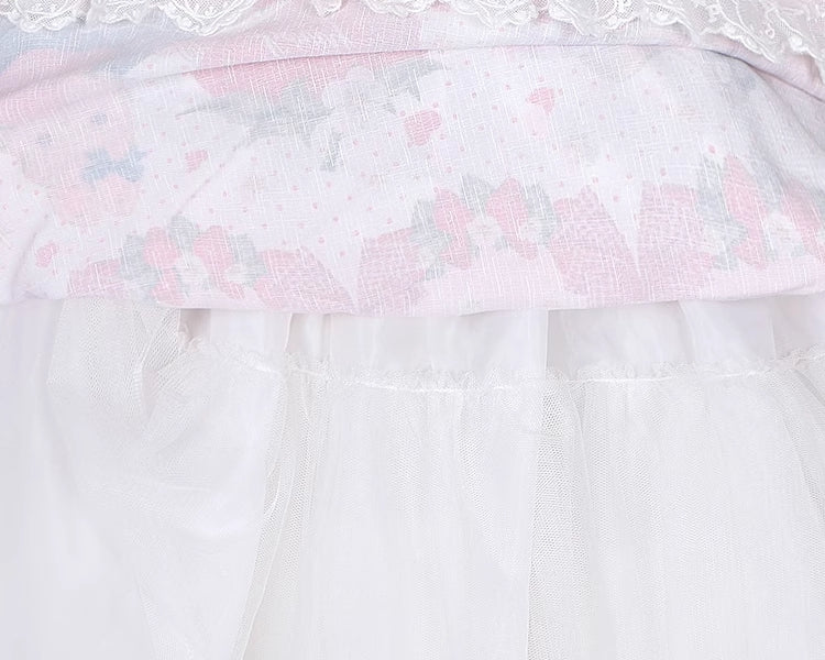 春のイチゴとウサギのプリントレーストリムリボンアクセントベージュスイートドレスロリータワンピース