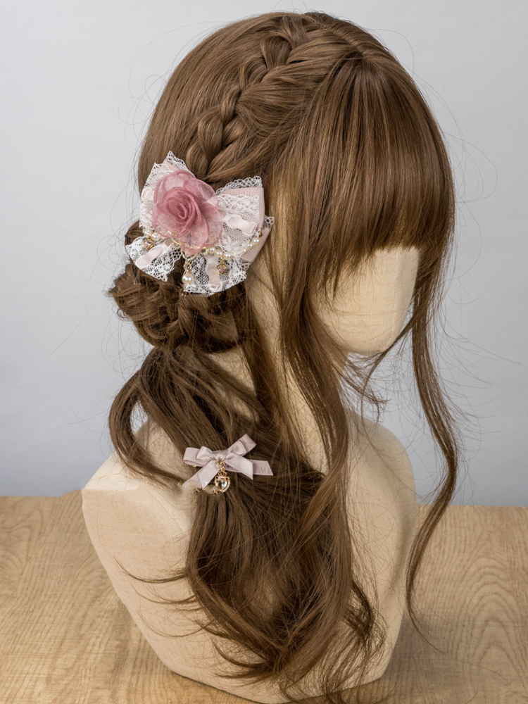 Jirai Kei Pink/Apricot/Black Lace Rose Beaded Chain Lolita Hairclip