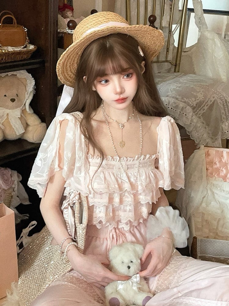 Flounce With Sakura Pink Chiffon Overlay Top Floral Embroidered Lace