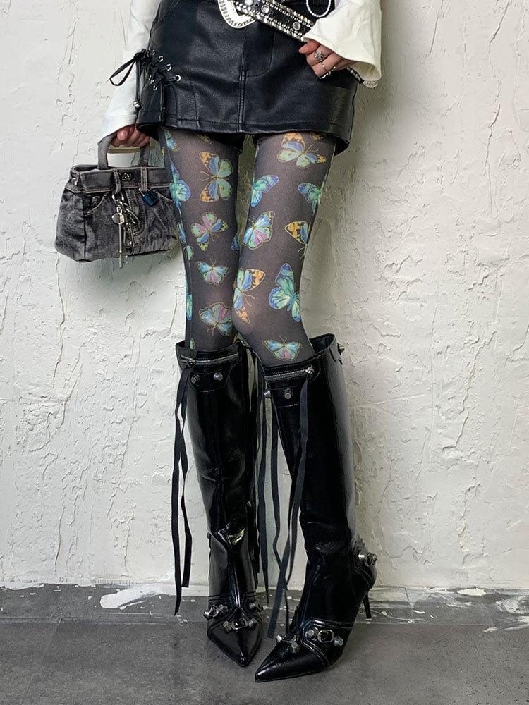 Punk Schwarze Y2K Schmetterlingsstrumpfhose
