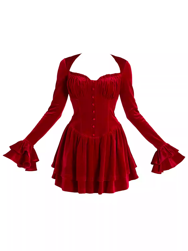 レッドベルベットのVネックベルスリーブグラマラスティアードスカートミニドレス