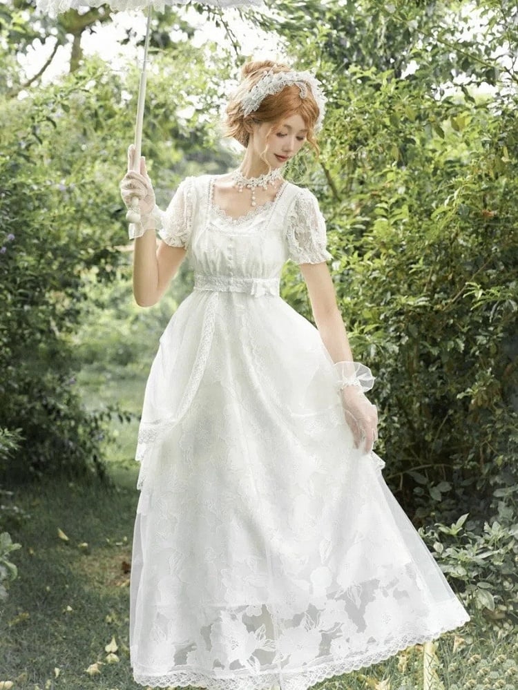 Version Slip White Long Empire Waist Dress V-neck Elegant Lolita