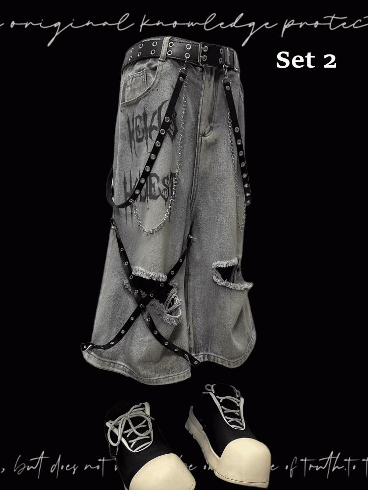 Blue Criss-cross Straps Design Distressed Holes Punk Jeans Y2K