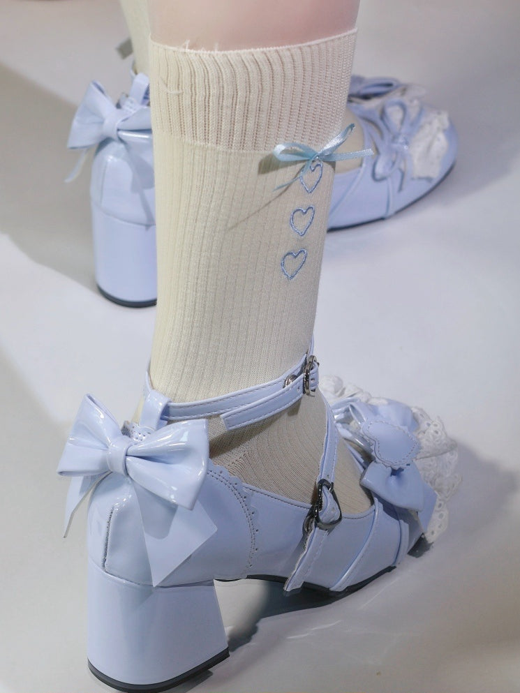 Sweet Buckle with Bow Shoes Janes - Lacework Lolita Details Blue Heart Mary