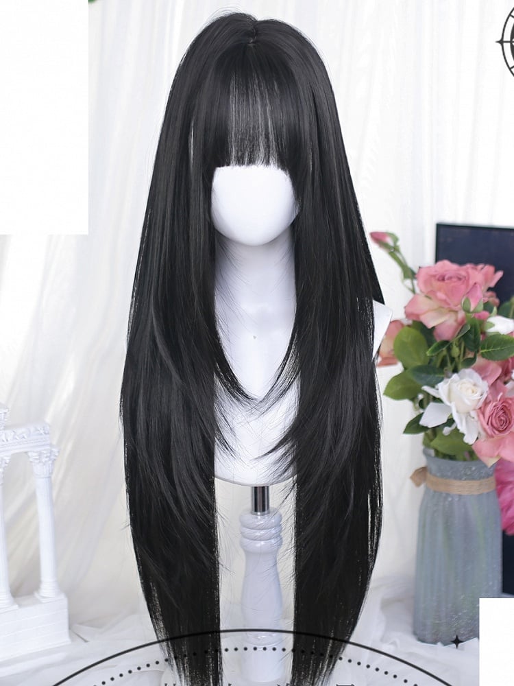 With Straight 75-80cm Long Wigs Brown Black/Dark Air Bangs