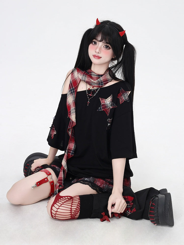 Glamorous Scarf Neckline with T-Shirt Red Plaid Star Appliques Black Asymmetrical