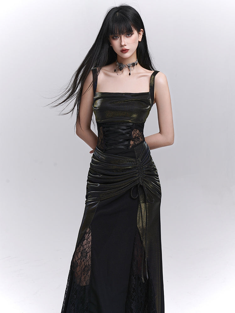 Waist Drawstring Black Lace Hip Sleeveless Dress Patches