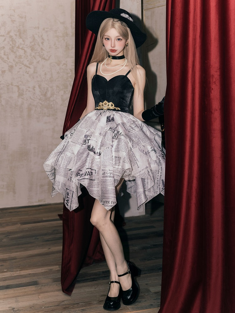 Elegant Skirt Layered Jumper Dress Lolita Print Newspaper Handkerchief