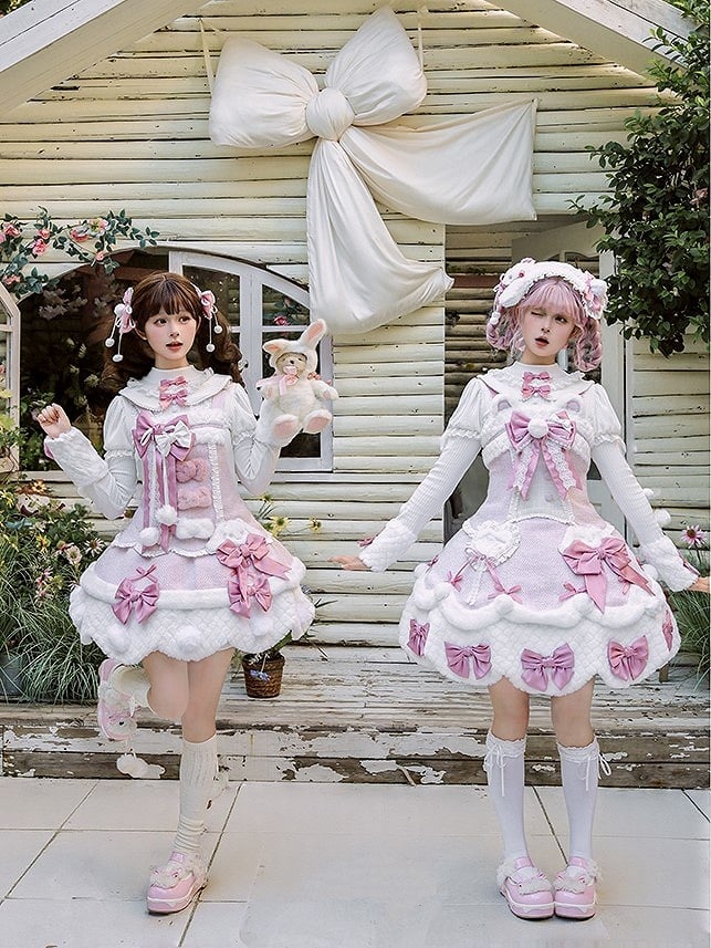 Pom-poms Pink with Lolita Overalls Trim Scalloped Sweet Dress White Bowknots Edge and