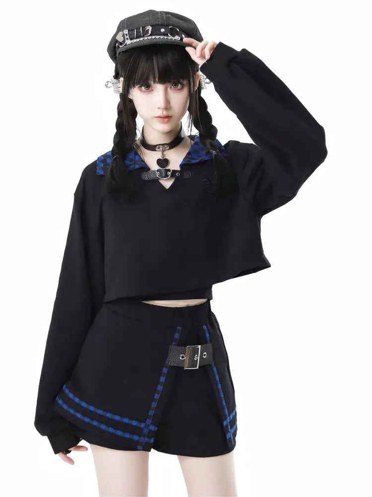 Blue Free Dark Sweatshirt mit Cami-Kragen Top Plaid Cropped Schwarz