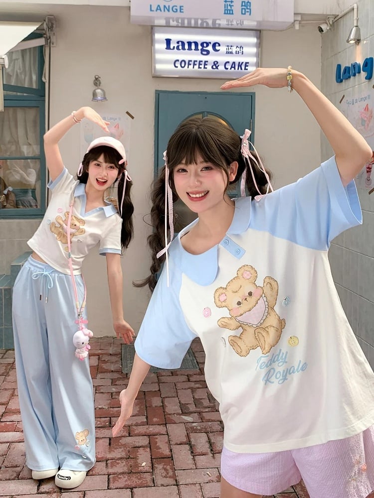 Wide-Leg Casual Pants Blue Drawstring Waist Bear Print Cuff