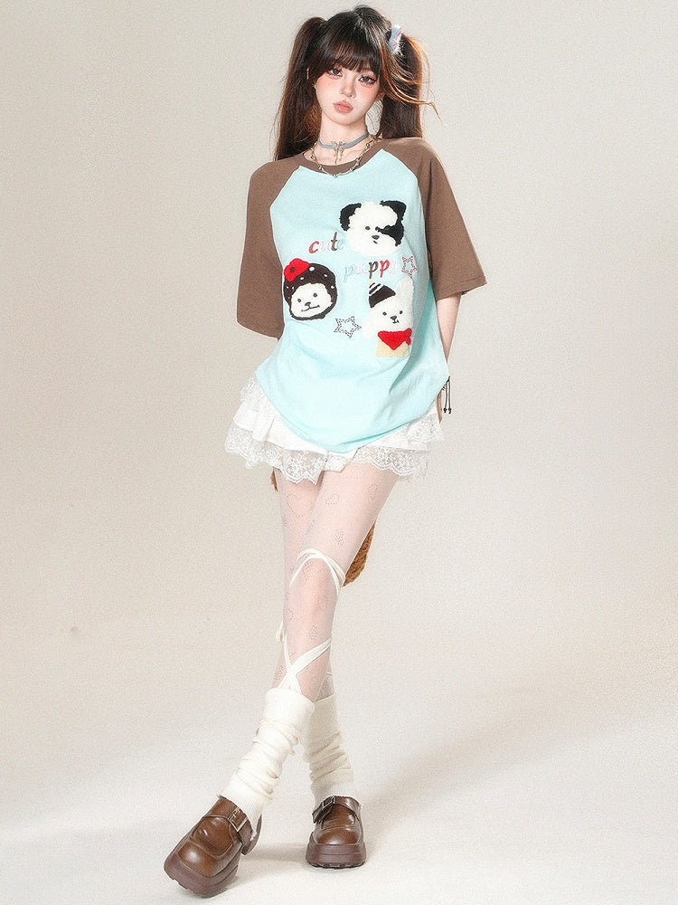 T-shirt Plush Kawaii Beige/Blue Puppy Letter Applique Embroidery Daily